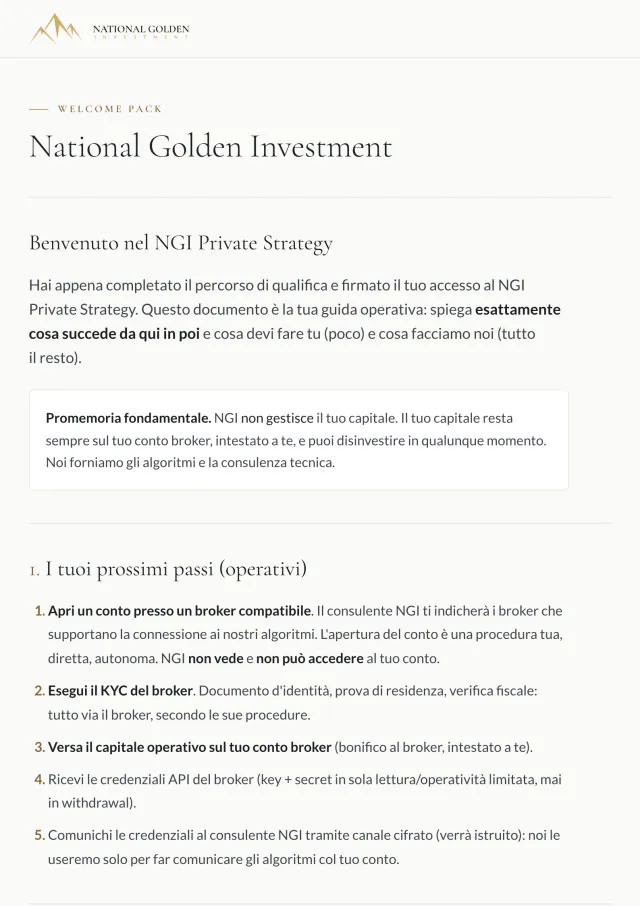 La prima pagina del Welcome Pack di NGI, la guida operativa del cliente.